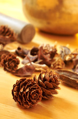 pine cones and dried flowers, and a tibetan singing bowl
