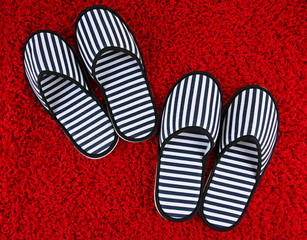 Striped slippers on carpet background