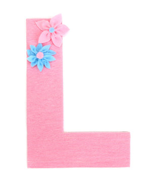 Letter L created with brightly colored knitting yard isolated