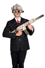 Business man war soldier helmet Machine Gun isolated