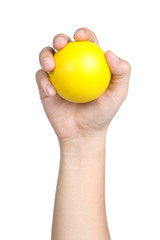 hand sign posture hold yellow ball yellow isolated