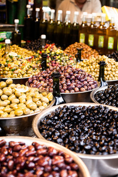 Assortment of olives on local market,Tel Aviv,Israel