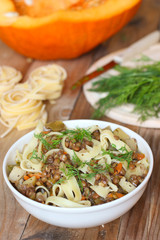 Lentil soup with pasta and pumpkin