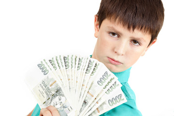 boy holding a fan from czech crown banknotes