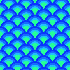 Colorful asian scallop seamless pattern in blue, vector
