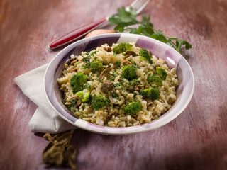 risotto with cep mushroom and broccoli, selective focus