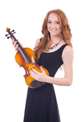 Woman with violin isolated on white