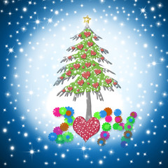 beautiful Christmas card 2014 with shiny hearts tree