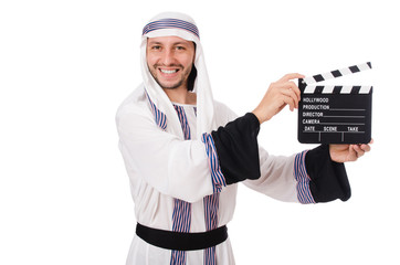 Arab man with movie clapper on white