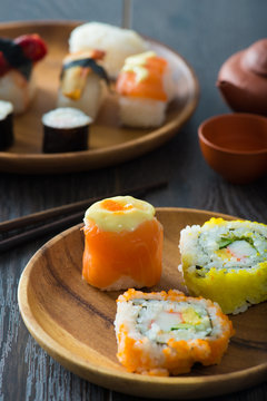 Sushi Assortment On a Dish, close up