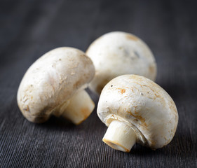 Fresh champignons on black wooden board