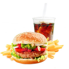Hamburger with iced soda drink