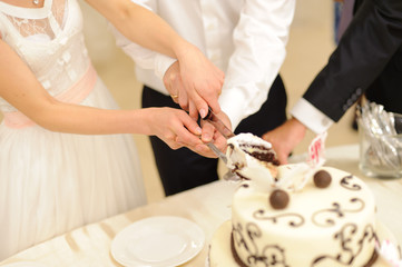 Obraz na płótnie Canvas bride and groom cutting wedding cake together