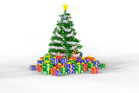 Cristamas tree and gift boxes on a white background