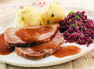 Sauerkraut, potatoes , meat and gravy