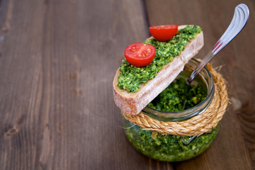 Homemade pesto in a jar