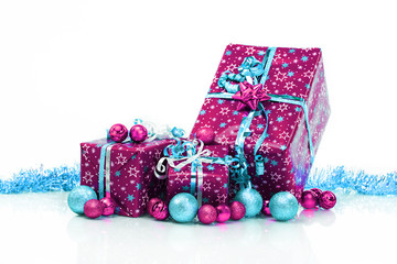 Gift boxes and christmas balls,Isolated on white