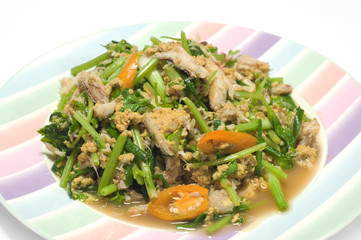 Stir-fried crab meat with curry powder and celery.