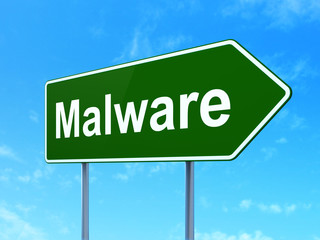 Safety concept: Malware on road sign background