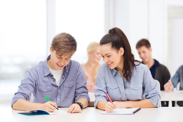 two teenagers with notebooks at school