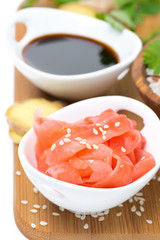 Asian food ingredients ginger, soy sauce, rice, selective focus