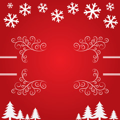 Christmas background with snowflakes and trees.