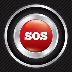 Sos button. Metallic icon on Carbon background.