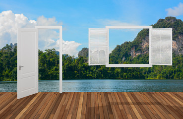 Landscape behind the opening door and window,3D 