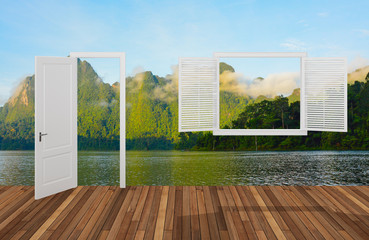Landscape behind the opening door and window,3D 