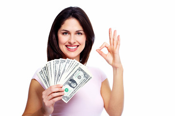 Happy young woman with money.