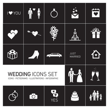 vector wedding icon set white on black background