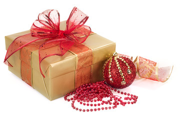 Christmas Gift Box and Decorations in Gold and Red