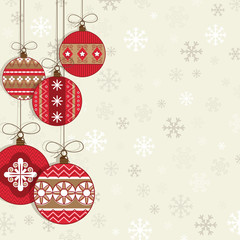 Christmas red hanging bauble decorations vector clipart on snowflake background with copy space