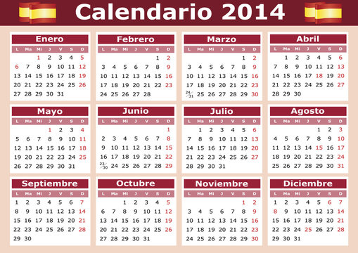 horizontal Spanish Calendar 2014