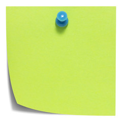 Green square sticky note, with a blue pin, isolated with shadow
