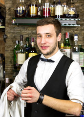 young man working as a bartender in a nightclub bar