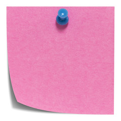 Pink square sticky note, with a blue pin, isolated with shadow