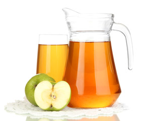 Full glass and jug of apple juice and apples isolted on white