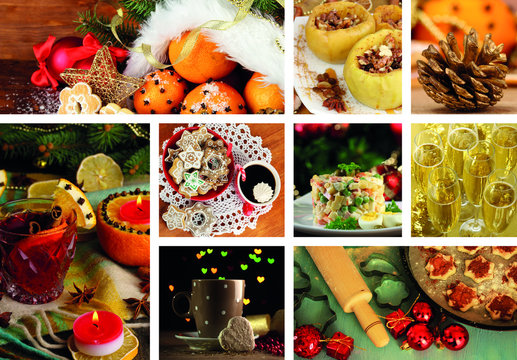 Christmas collage with tasty food, drinks and  decorations