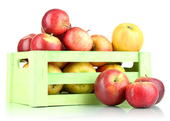 Juicy apples in wooden box isolated on white