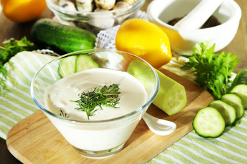 Cucumber yogurt in glass bowl,