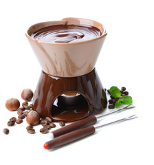 Chocolate fondue, isolated on white