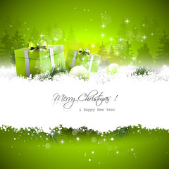 Christmas greeting card with gift boxes and branches in snow