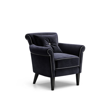 Isolated Dark Blue Velvet Luxury Armchair