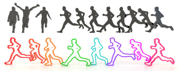 Sets of rough sketch silhouette and colorful running people in 3