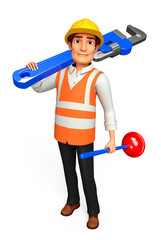 worker with toilet plunger and wrench