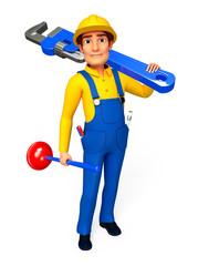 plumber with toilet plunger & wrench