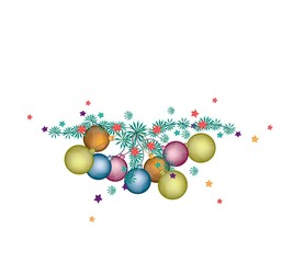 Fototapeta na wymiar Different Colors Christmas Balls Decoration on Fir Twigs