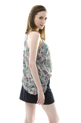 happy young woman against white background