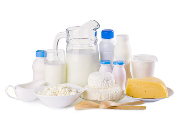 Various dairy products isolated on white background